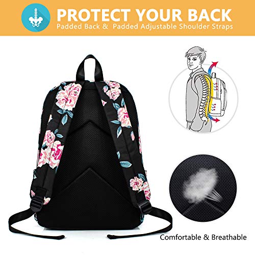 Leaper Travel Backpack for Women Girls Water Resistant Backpack for School Laptop Backpack Kids Backpack Kawaii Bookbag Floral Black - Image 3