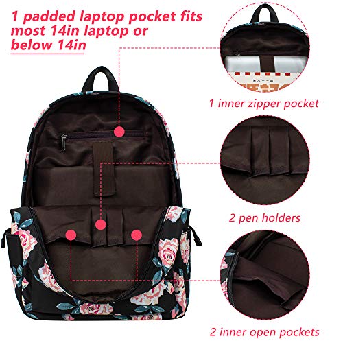 Leaper Travel Backpack for Women Girls Water Resistant Backpack for School Laptop Backpack Kids Backpack Kawaii Bookbag Floral Black - Image 4