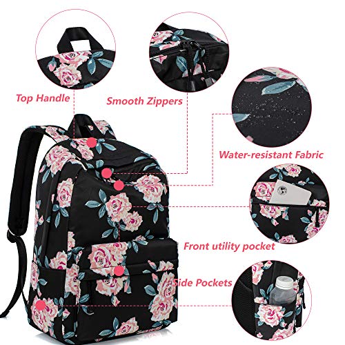 Leaper Travel Backpack for Women Girls Water Resistant Backpack for School Laptop Backpack Kids Backpack Kawaii Bookbag Floral Black - Image 2