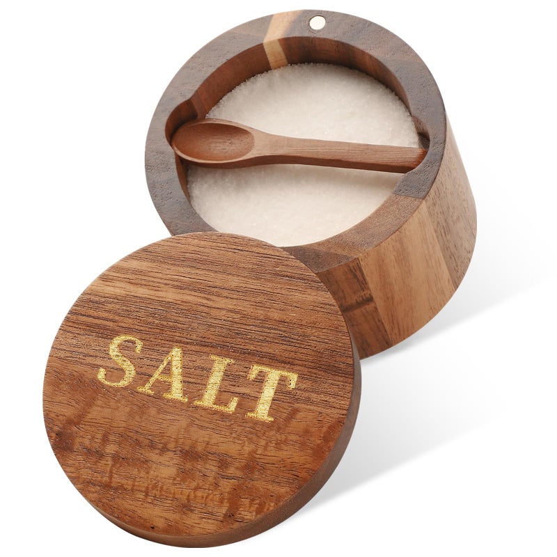 Timtopno Salt Cellar, Acacia Wood Salt Container with Built-in Spoon & Swivel Lid, Engraved SALT Box, Salt Holder Bowl for Countertop Seasoning Storage - Image 1