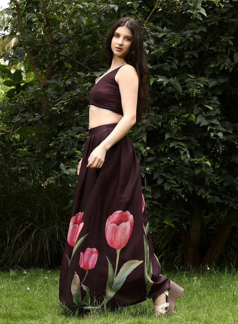 QISSA Qissa Women's Burgundy Red Foliage-Roses Imprint Co-Ord Set For Ethnic Wear | V-Neck, Sleeveless | Floral Print Plain Fabric | 3 Piece Co-Ords Designed For Evening & Party Wear