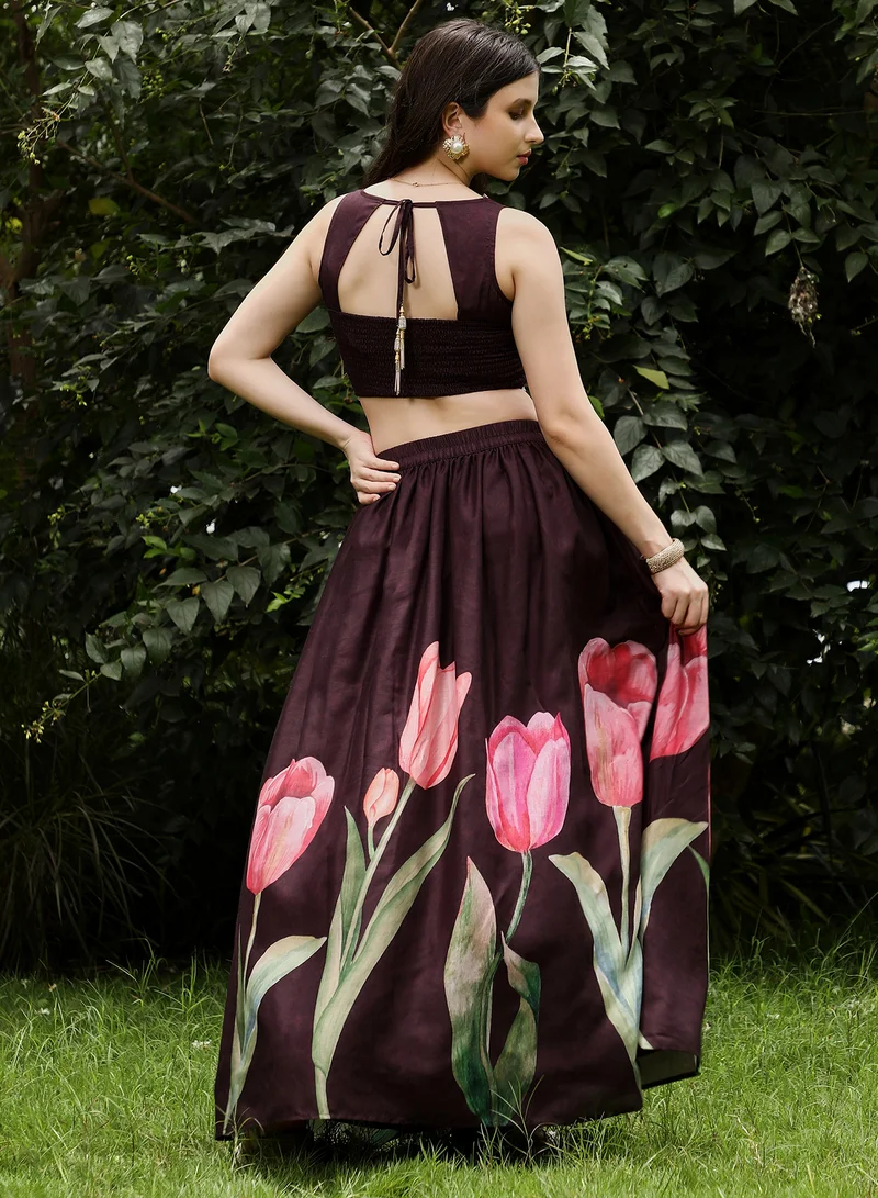 QISSA Qissa Women's Burgundy Red Foliage-Roses Imprint Co-Ord Set For Ethnic Wear | V-Neck, Sleeveless | Floral Print Plain Fabric | 3 Piece Co-Ords Designed For Evening & Party Wear