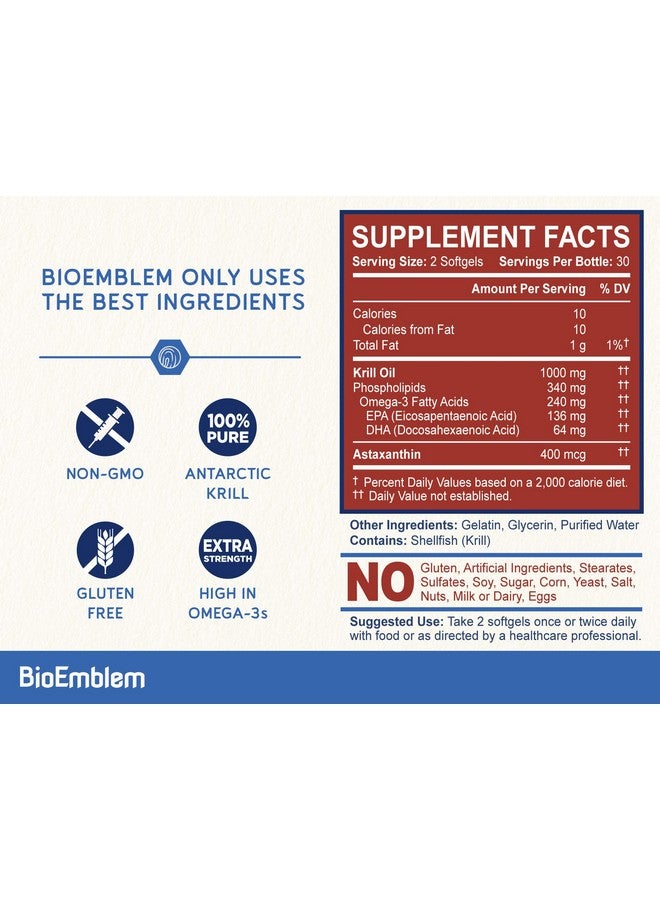 BioEmblem Antarctic Krill Oil Supplement ; 1000Mg ; Omega 3 Oil With High Levels Of Epa + Dha Astaxanthin And Phospholipids ; No Fishy Aftertaste ; 60 Count Non Gmo Softgels  - Image 4
