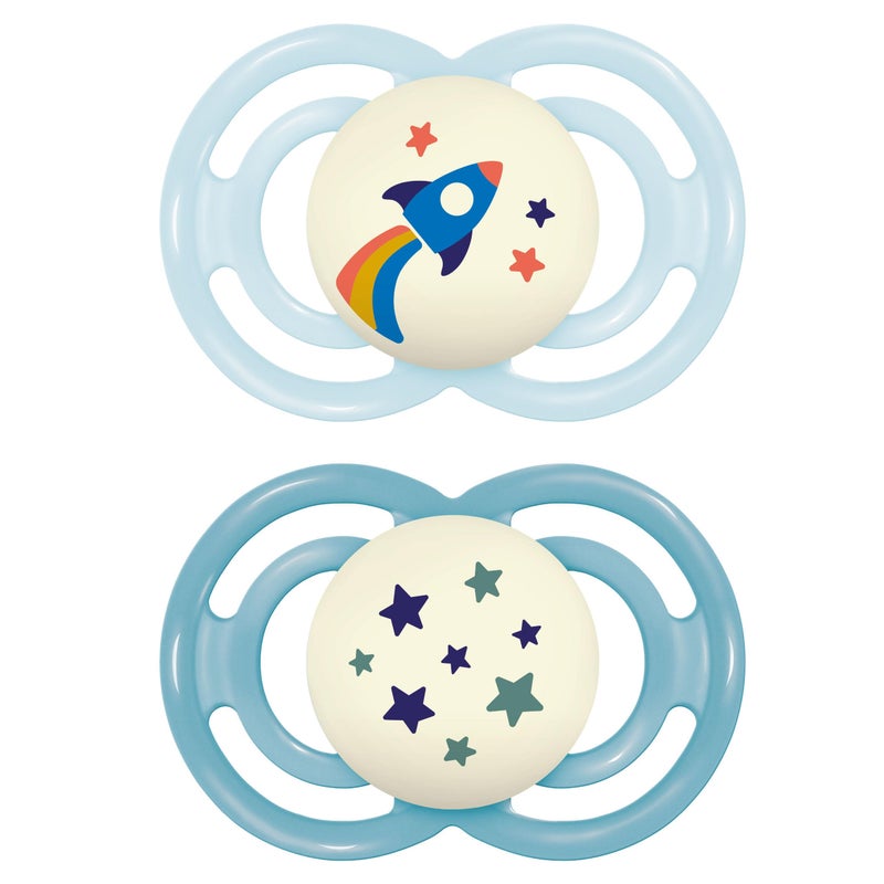 MAM Perfect Night Baby Pacifier, Patented Nipple, Glows in The Dark, 2 Pack, 16+ Months, Blue/Boy - Image 1