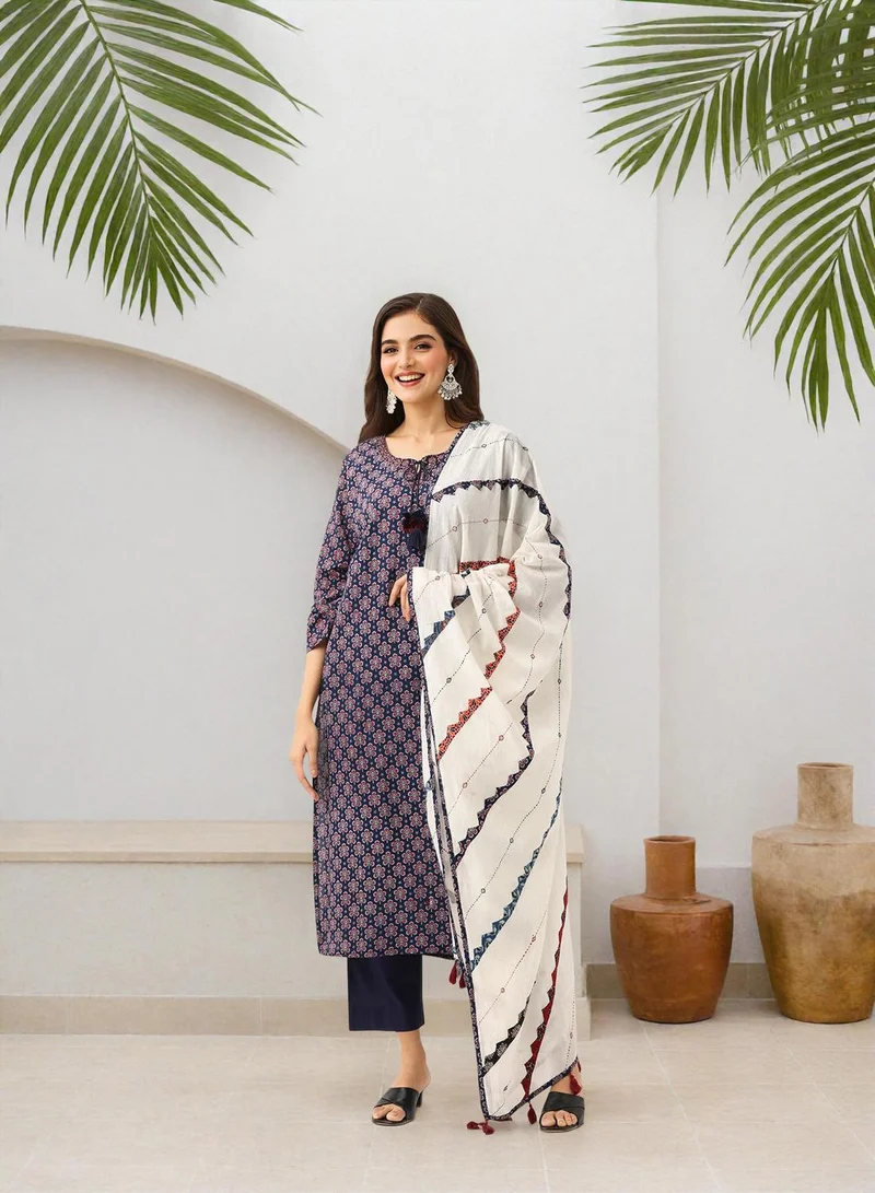 آي شين طقم تونيك نسائي طويل قطن % كحلي مطرز بقصة مستقيمة كاجوال