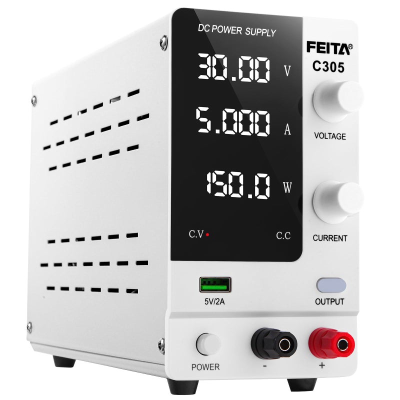 FEITA DC Power Supply Variable 30V 5A Adjustable High Precision Bench Lab Power Supplies with 4Digits LED Display Encoder Knob Output SwitchOCP USB Interface for Anodizing Electroplating Kit