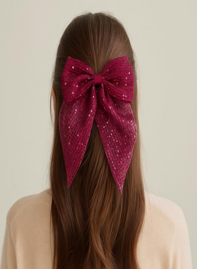 Fairytale Large Sequin Hair Bow Hair Pin, Sparkly Wedding Party Hair Accessory, Glitter Fashion Hair Clip For Girls And Women. (Red) - Image 2