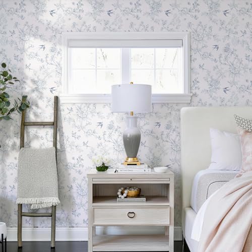 Simon&Siff Blue and Cream White Wallpaper Peel and Stick Vintage Floral Birds Contact Paper Removable Self Adhesive Wall Paper for Bedroom Cabinets Decor 120" x 17.3" - Image 4