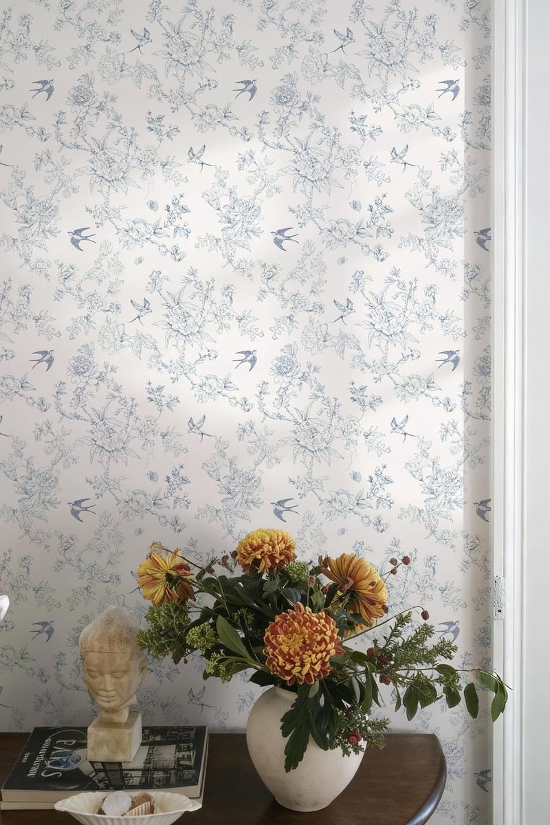 Simon&Siff Blue and Cream White Wallpaper Peel and Stick Vintage Floral Birds Contact Paper Removable Self Adhesive Wall Paper for Bedroom Cabinets Decor 120" x 17.3" - Image 2