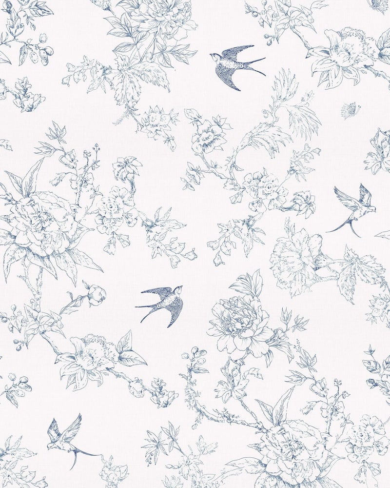 Simon&Siff Blue and Cream White Wallpaper Peel and Stick Vintage Floral Birds Contact Paper Removable Self Adhesive Wall Paper for Bedroom Cabinets Decor 120" x 17.3" - Image 1