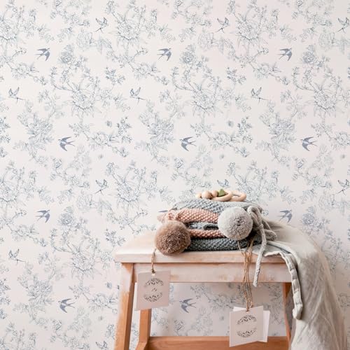 Simon&Siff Blue and Cream White Wallpaper Peel and Stick Vintage Floral Birds Contact Paper Removable Self Adhesive Wall Paper for Bedroom Cabinets Decor 120" x 17.3" - Image 5