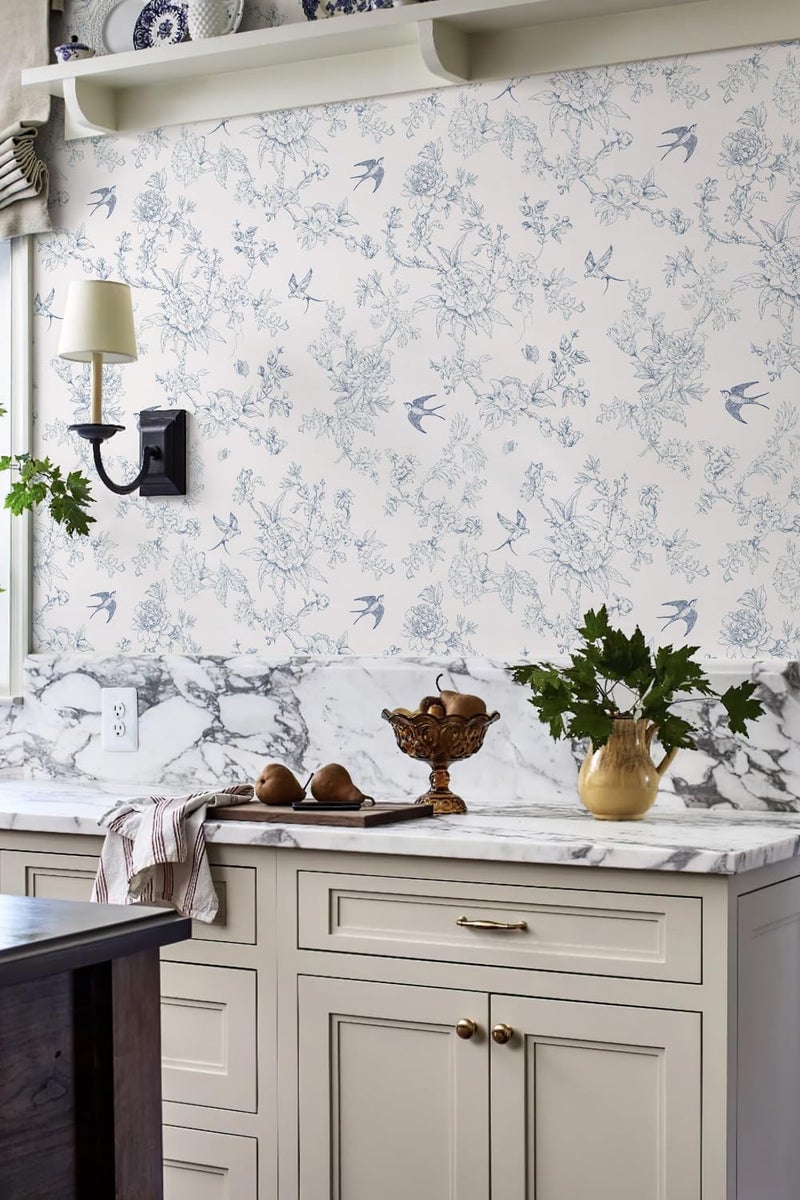 Simon&Siff Blue and Cream White Wallpaper Peel and Stick Vintage Floral Birds Contact Paper Removable Self Adhesive Wall Paper for Bedroom Cabinets Decor 120" x 17.3" - Image 3