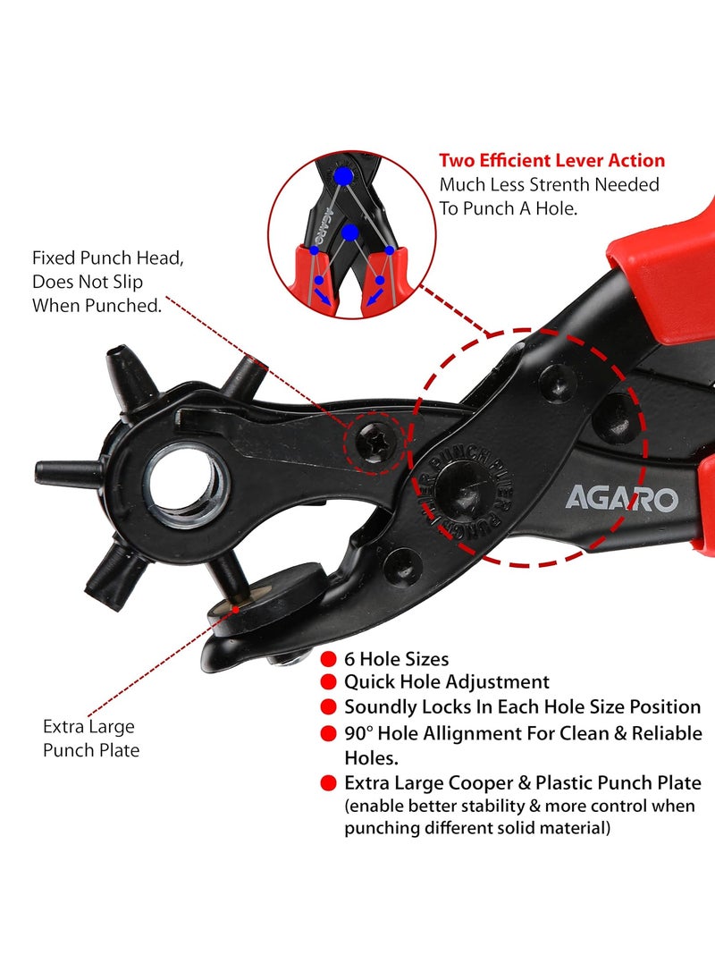 AGARO AGARO LP831 Revolving Leather Punch Pliers or Punching Machine with 6 Hole Sizes for Leather Belts Watch Bands Bags Dog Collars Fabric Craft Projects Leather Puncher BlackRed  - Image 4