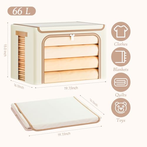 Yecaye Clothes Storage Bins with Metal Frame Foldable Clothing Storage Bin with Lid Stackable Oxford Fabric Organizer Box With Clear Window Zippers PU Leather Handles 3 PackBeige66L - Image 3