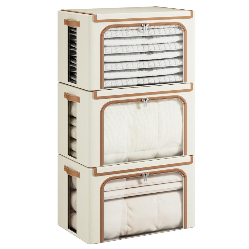 Yecaye Clothes Storage Bins with Metal Frame Foldable Clothing Storage Bin with Lid Stackable Oxford Fabric Organizer Box With Clear Window Zippers PU Leather Handles 3 PackBeige66L - Image 2