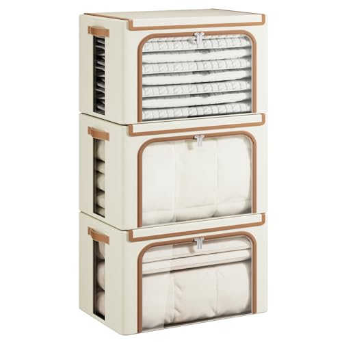Yecaye Clothes Storage Bins with Metal Frame Foldable Clothing Storage Bin with Lid Stackable Oxford Fabric Organizer Box With Clear Window Zippers PU Leather Handles 3 PackBeige66L - Image 1