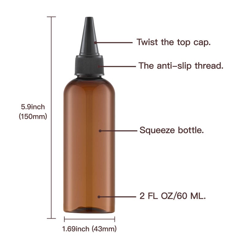 Tekson Hair Color Applicator Bottles, 5 Pack Refillable Squeeze Bottle, Empty Plastic Twist Top Cap Bottles (3.4 OZ, Amber) - Image 5