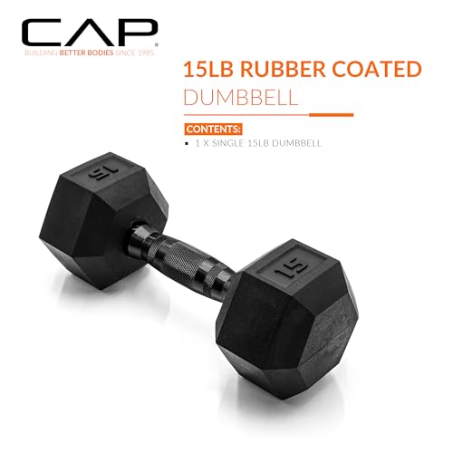 CAP Barbell 15 LB Rubber Coated Hex Dumbbell Hand Weight - Single | Black Handle - Image 2