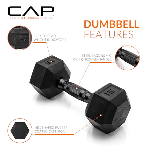 CAP Barbell 15 LB Rubber Coated Hex Dumbbell Hand Weight - Single | Black Handle - Image 3