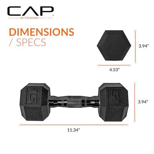 CAP Barbell 15 LB Rubber Coated Hex Dumbbell Hand Weight - Single | Black Handle - Image 4