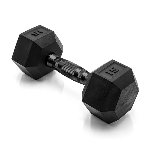 CAP Barbell 15 LB Rubber Coated Hex Dumbbell Hand Weight - Single | Black Handle - Image 1