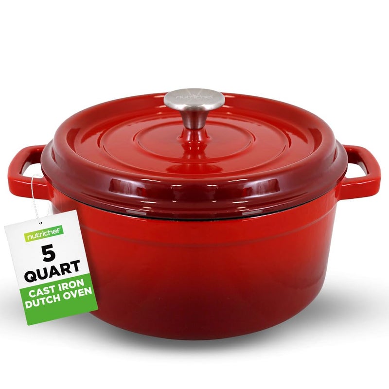 NutriChef NutriChef Enameled Cast Iron Dutch Oven5Quart Kitchen Round Dutch Oven Stovetop Casserole Cookware Porcelain Enamel Coated CastIron Baking Pots w Self Basting LidNCCIEC45RedMedium 