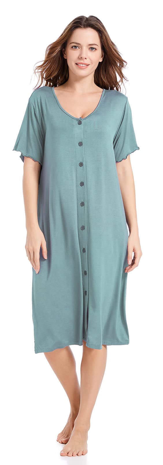 CHUNG Women Nightgown NightShirt Front Open Button Down Pajamas Nightdress Short Sleeve Sleepwear Under Knee Gown XLarge Cyan