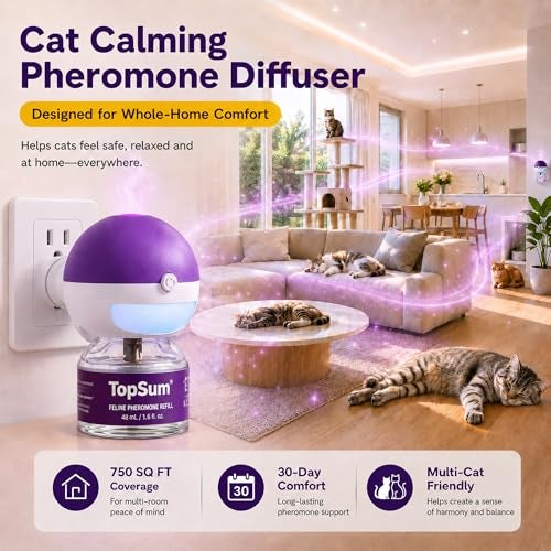TopSum Cat Calming Pheromone Diffuser Feline Pheromones Plug in for Stress Alone At Home Spraying Fighting Scratching Aggression Excessive Meowing Purple 4 Refills - Image 3