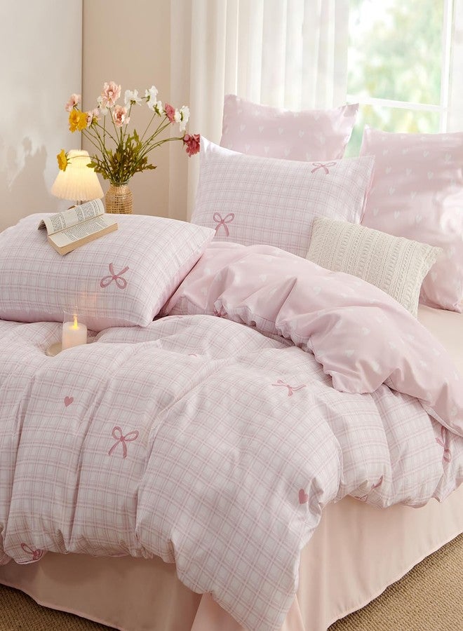 Bildenly Twin Size Duvet Cover - Geometric Bow Chart in Pink on Side A, White Heart in Pink on Side B, Comforter Cover Soft Microfiber Quilt Cover with Zipper Closure and 1 Pillowcase - Image 3
