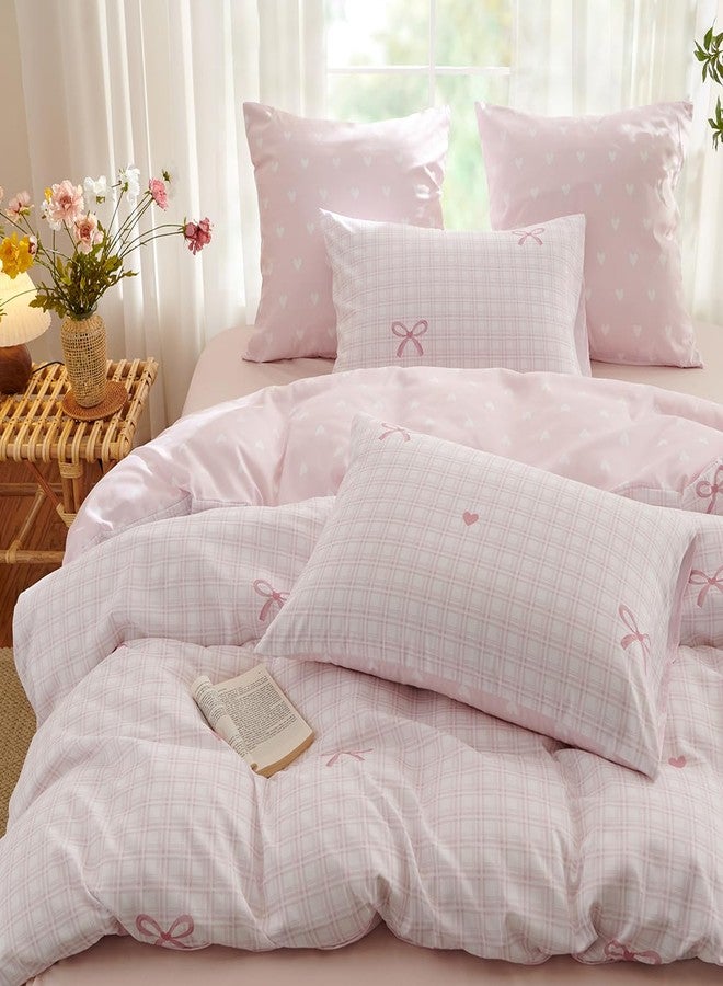 Bildenly Twin Size Duvet Cover - Geometric Bow Chart in Pink on Side A, White Heart in Pink on Side B, Comforter Cover Soft Microfiber Quilt Cover with Zipper Closure and 1 Pillowcase - Image 4