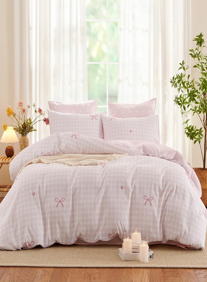 Bildenly Twin Size Duvet Cover - Geometric Bow Chart in Pink on Side A, White Heart in Pink on Side B, Comforter Cover Soft Microfiber Quilt Cover with Zipper Closure and 1 Pillowcase - Image 1