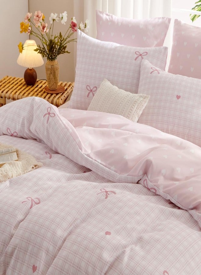 Bildenly Twin Size Duvet Cover - Geometric Bow Chart in Pink on Side A, White Heart in Pink on Side B, Comforter Cover Soft Microfiber Quilt Cover with Zipper Closure and 1 Pillowcase - Image 2