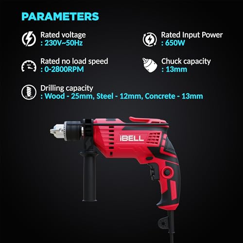 iBELL مجموعة أدوات iBELL الاحترافية مع مثقاب تأثير TD13-85، 650W، ذراع نحاسي، فكي 13 مم، 59 أداة/ملحقات منزلية أساسية مع صندوق BMC أحمر/أسود. - Image 5