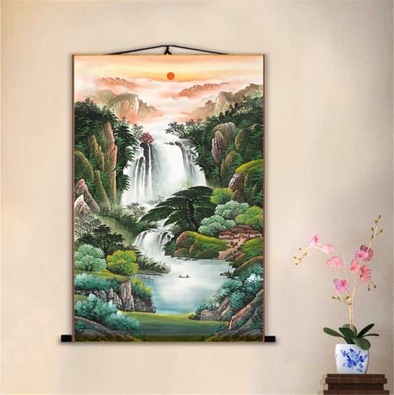 Zzooi Chinese Landscape Mountain Waterfall Wall Art Hanging Scroll Painting,Feng Shui Decor - Image 2