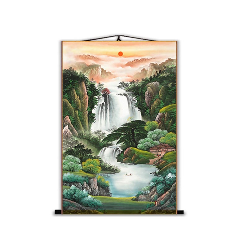 Zzooi Chinese Landscape Mountain Waterfall Wall Art Hanging Scroll Painting,Feng Shui Decor - Image 1
