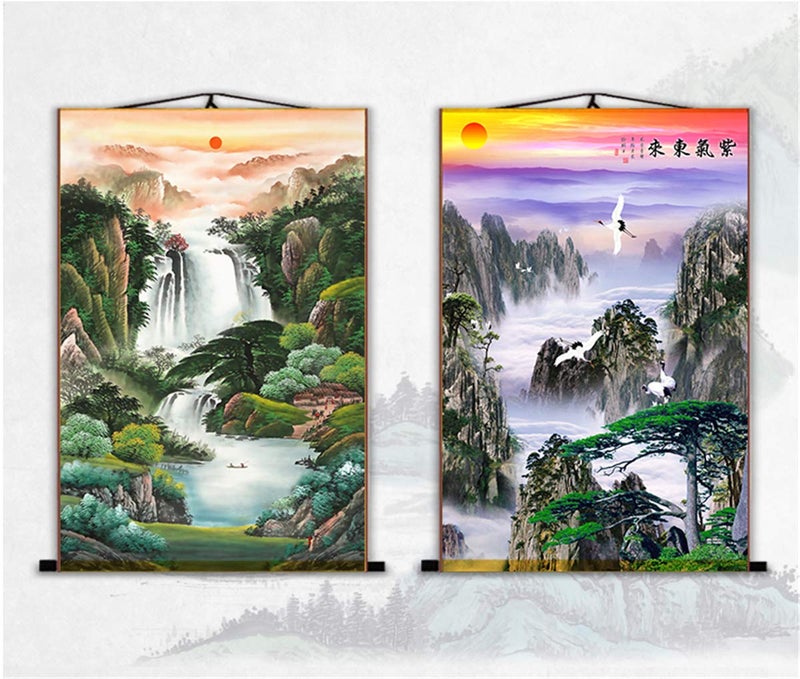Zzooi Chinese Landscape Mountain Waterfall Wall Art Hanging Scroll Painting,Feng Shui Decor - Image 3