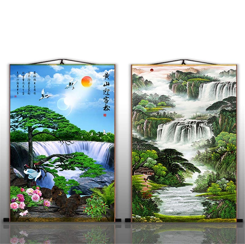 Zzooi Chinese Landscape Mountain Waterfall Wall Art Hanging Scroll Painting,Feng Shui Decor - Image 5