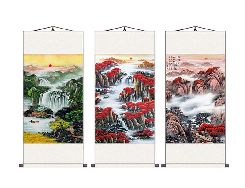 Zzooi Chinese Landscape Mountain Waterfall Wall Art Hanging Scroll Painting,Feng Shui Decor - Image 4