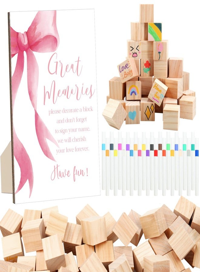 ZCPTZ 97 Pcs Pink Bow Baby Shower Games Sign Kit,Pink Bow Party Decoration,Including Game Sign 72 DIY Blank Wooden Block 24 Pen to Draw Your Idea for Baby Shower Party Game Gender Reveal Party - Image 1