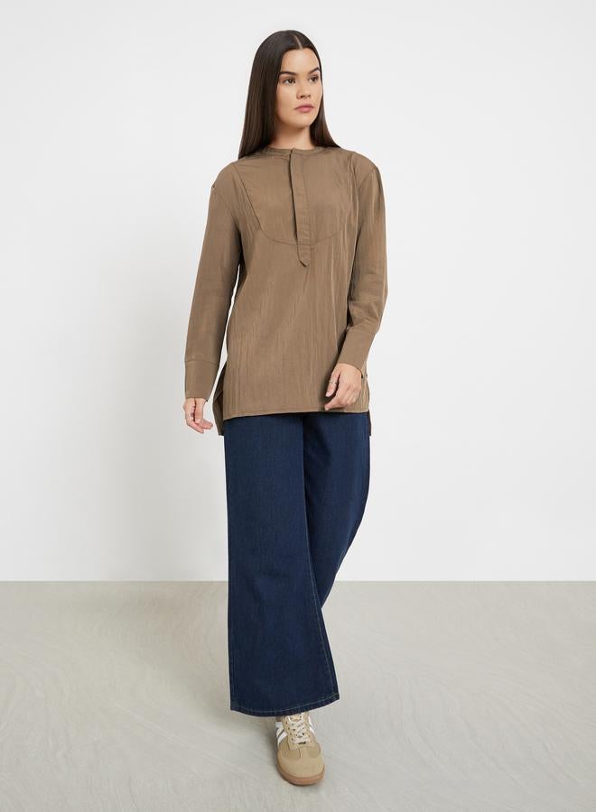 ستايلي بلوزة تونيك سادة بأكمام طويلة وشريط أزرار - Image 2