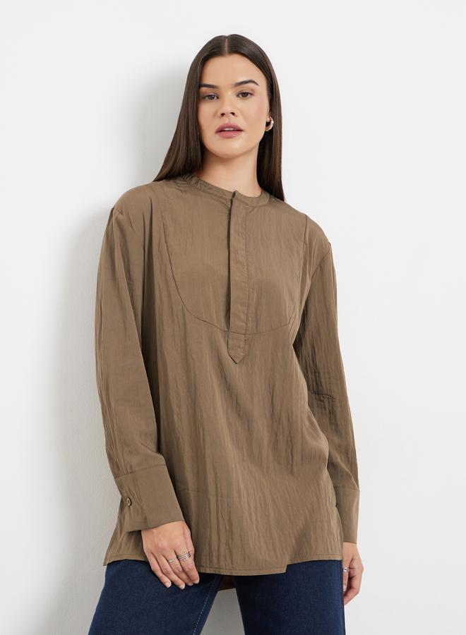 ستايلي بلوزة تونيك سادة بأكمام طويلة وشريط أزرار - Image 1