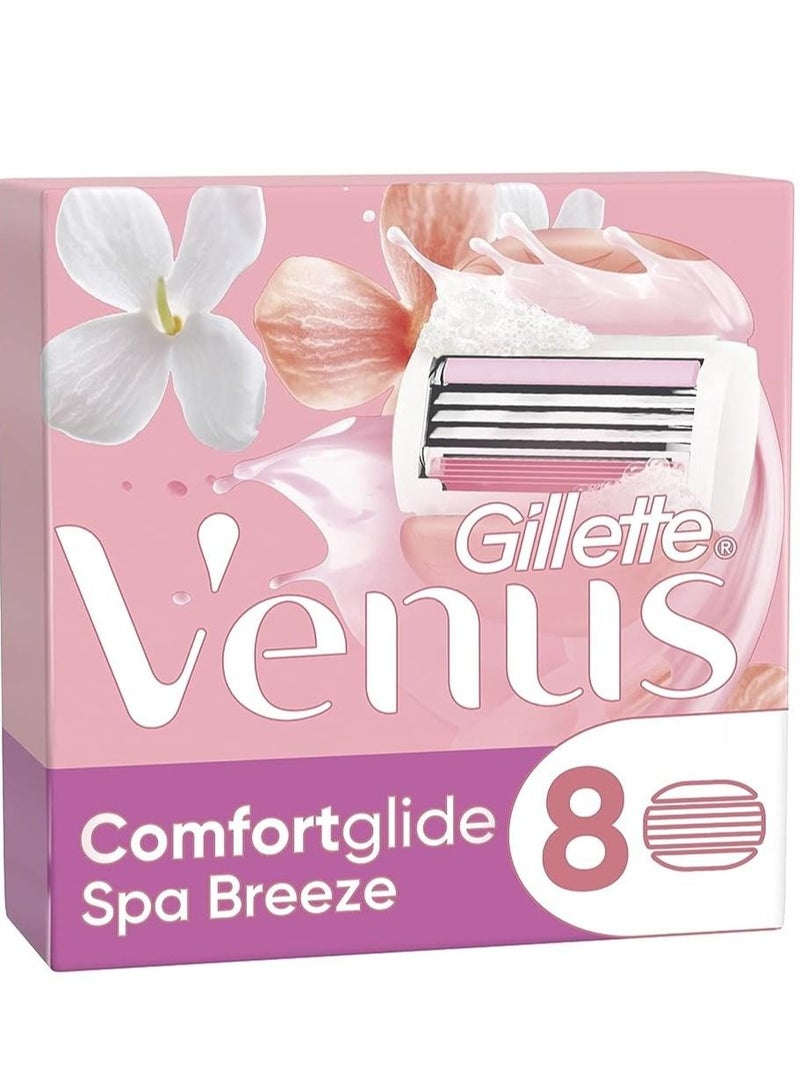 شفرات حلاقة كومفورت جلايد سبا بريز للنساء من جيليت، عبوة من 8 شفرات حلاقة قابلة لاعادة التعبئة، لوبراستريب بلمسة من الزيوت النباتية