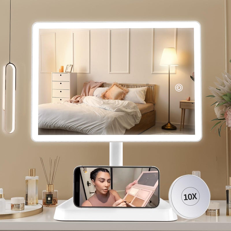 FUNTOUCH Rechargeable Makeup Vanity Mirror with Lights Large Lighted Desk Makeup Mirror with 96 LED Lights and 10x Magnifying Mirror 3 Color Lighting Light up Make up Mirror with Phone Holder
