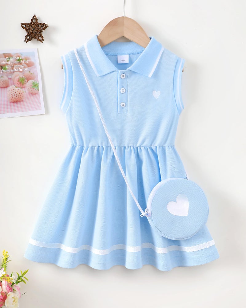 Saeaby Toddler Girl Dress 2T Girl Clothes Blue Summer Sporty Dresses Polo Casual Sleeveless Boho Dress with Shoulder Bag Playwear Sundress 3T Girl Outfit - Image 3