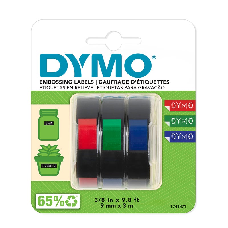 DYMO Self-Adhesive Embossing Labels, 3/8-Inch x 9.8-Foot Roll, Assorted Colors, 3 Pack - Image 1