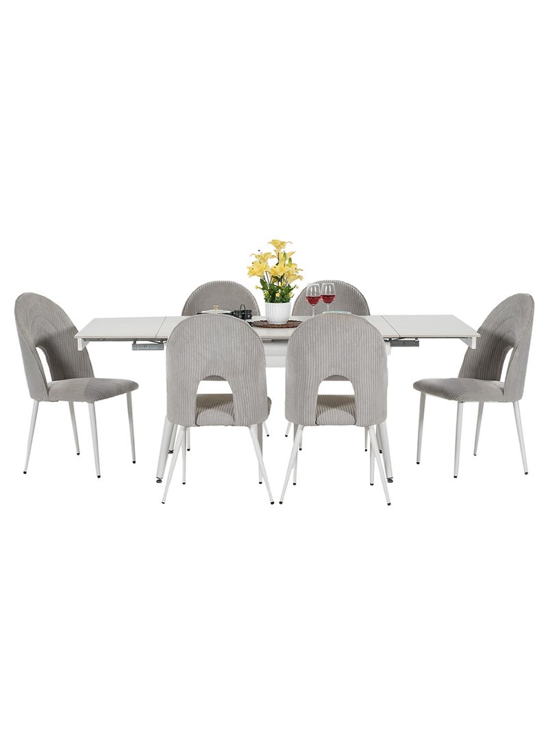 رويال أوك طقم طعام رويالوك فيليكس مكون من 6 كراسي – طاولة طعام قابلة للتمديد بسطح من حجر سينترد زجاجي، كراسي مبطنة بالقماش وأرجل معدنية – تصميم عصري ومتين لمنزلك - Image 5