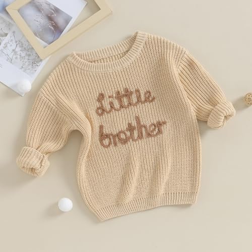 Yoawdats Toddler Baby Girl Boy Long Sleeve Knit Sweater Brothers Sisters Letter Embroidery Round Neck Pullover Fall Winter Tops (Little Brother Khaki, 0-3 Months) - Image 3