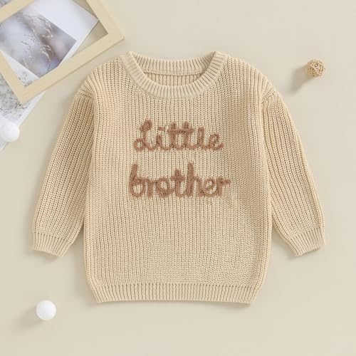 Yoawdats Toddler Baby Girl Boy Long Sleeve Knit Sweater Brothers Sisters Letter Embroidery Round Neck Pullover Fall Winter Tops (Little Brother Khaki, 0-3 Months) - Image 2