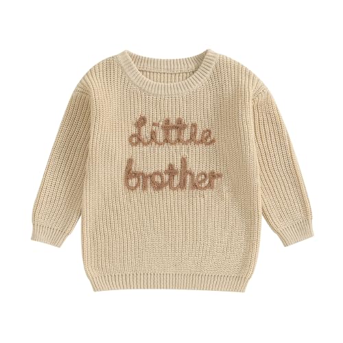 Yoawdats Toddler Baby Girl Boy Long Sleeve Knit Sweater Brothers Sisters Letter Embroidery Round Neck Pullover Fall Winter Tops (Little Brother Khaki, 0-3 Months) - Image 1