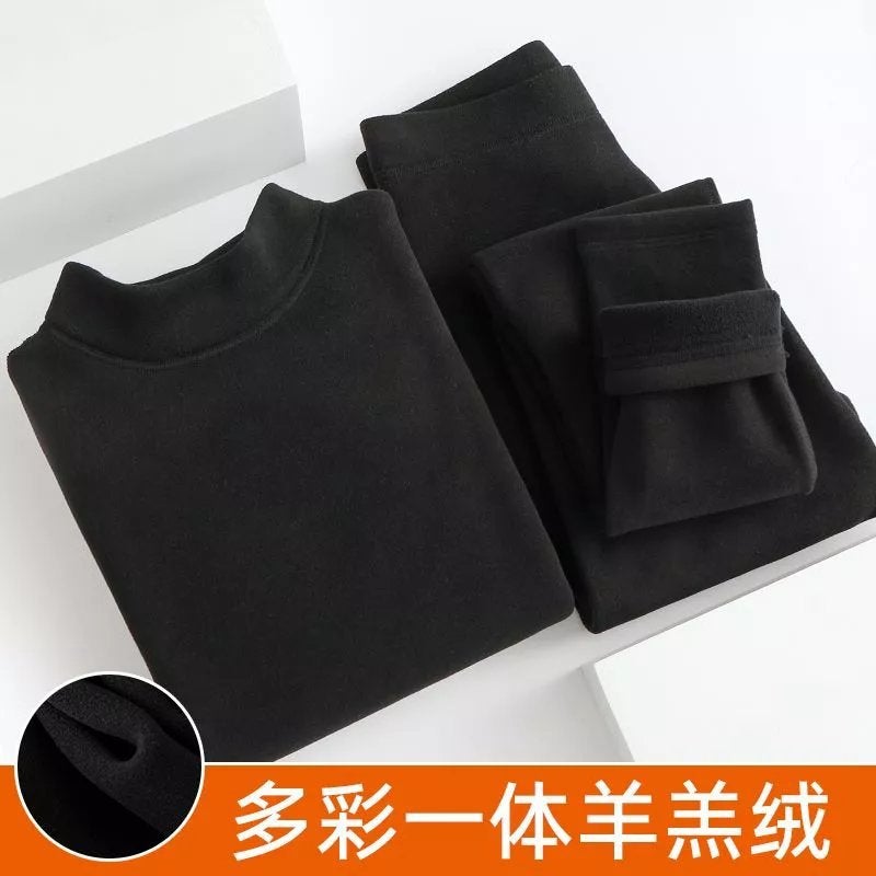 Generic Winter warm suit womens fleece-lined thickened half turtleneck top constant temperature heating cold-proof bottoming shirt Black suit [Top + pants]]